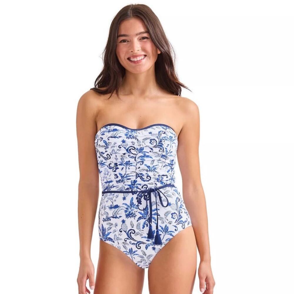Tommy Bahama Terrazzo Tile Bandeau One-Piece Swimsuit Mountain Blue Size 10 NWT